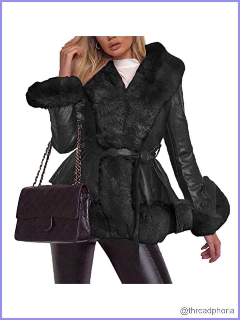 Faux Leather Jacket Faux Fur Collar Belted Winter Parka Coat
